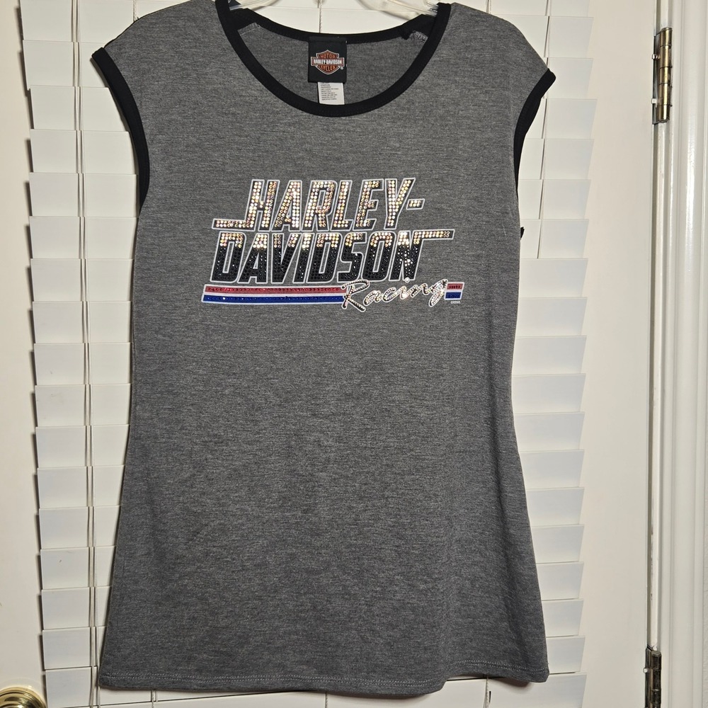 Harley Davidson Racing Womens Shirt Sleeveless‎ Bedazzled XL Riding Motorcycle